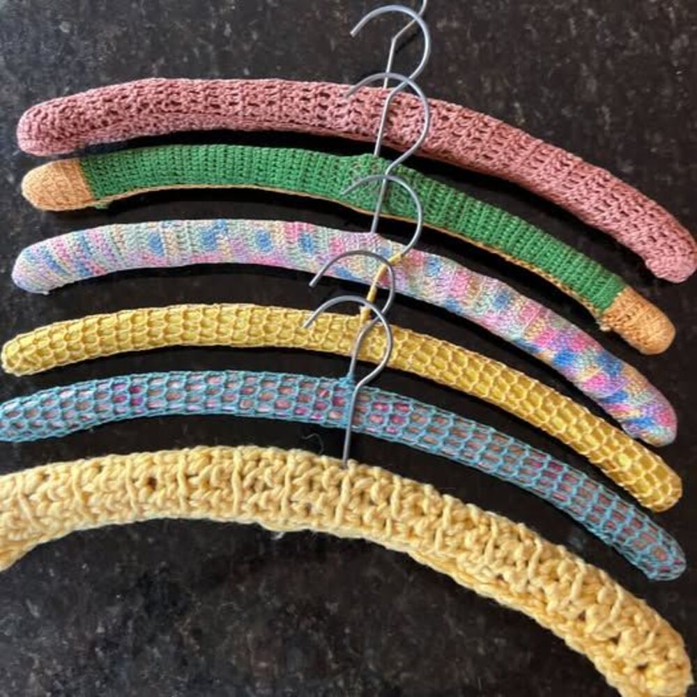 Vintage Crochet Clothes Hanger Lot 6 Cottage Core Granny Retro Wooden MCM Mod